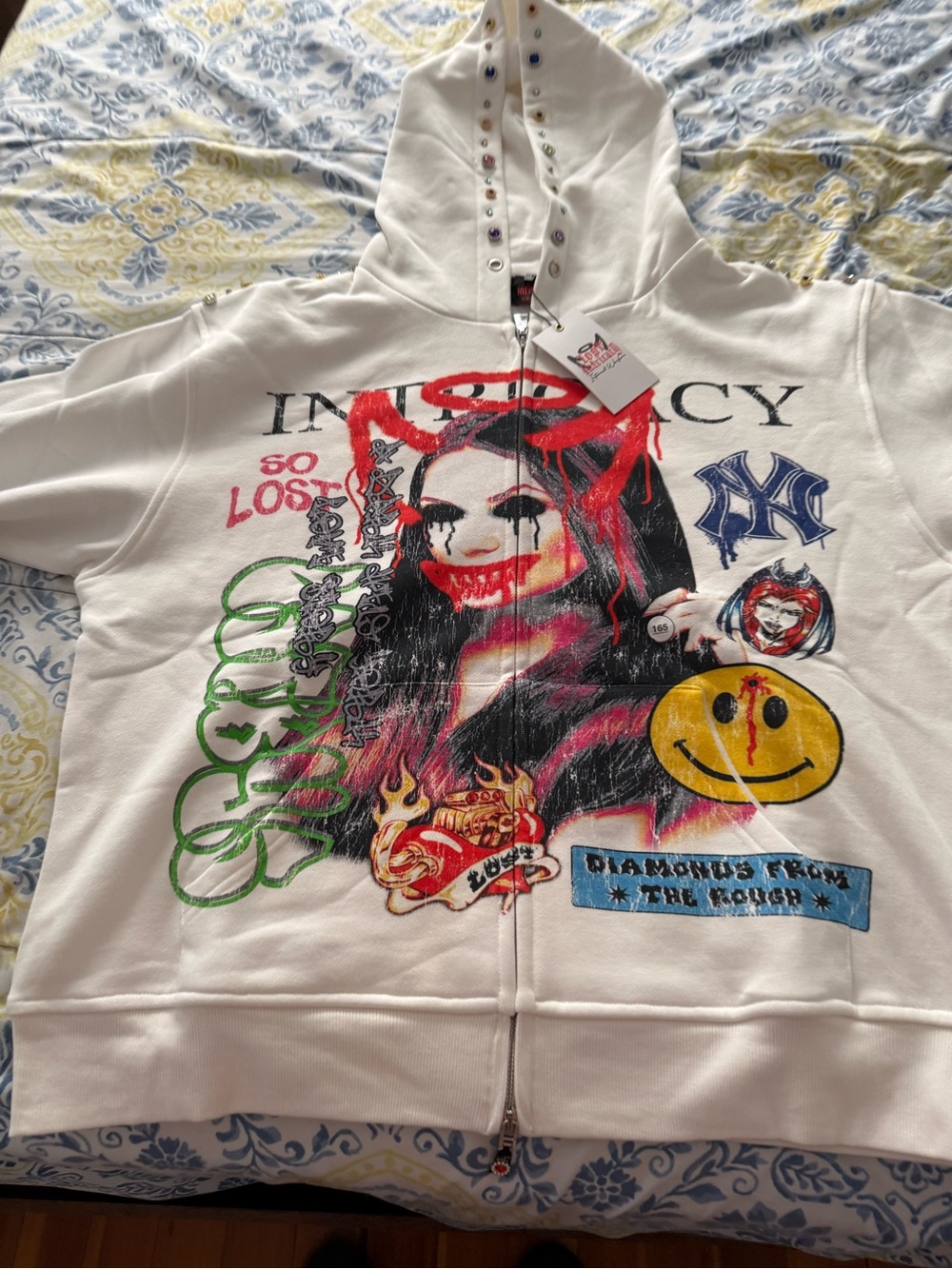 Lost Intricacy White Zip-Up Hoodie with Red & Black Graphic